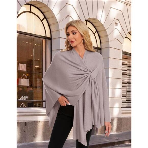 Womens knitted poncho wrap soft warm cross front shawl cape lightweight travel - Picture 3 of 7